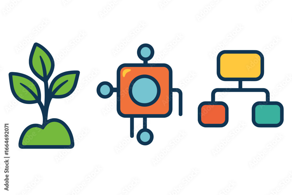 Poster icon set for business growth, technology, and organization. plant sprout for nature and development.