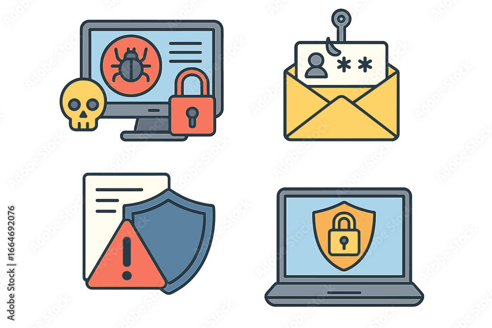 Poster cybersecurity icon set with common threats and safeguards. computer virus, malware, phishing email, 