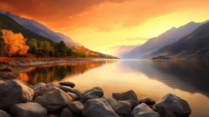 Tranquil Lake at Sunset Surrounded by Majestic Mountains and Vibrant Autumn Trees Reflecting in Water