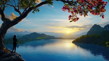 Serene Sunset Over Tranquil Lake with Silhouette of Person and Lush Mountains in the Background