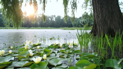 Serene Lake with Water Lilies and Sunlight Through Willows at Dusk in a Tranquil Natural Setting