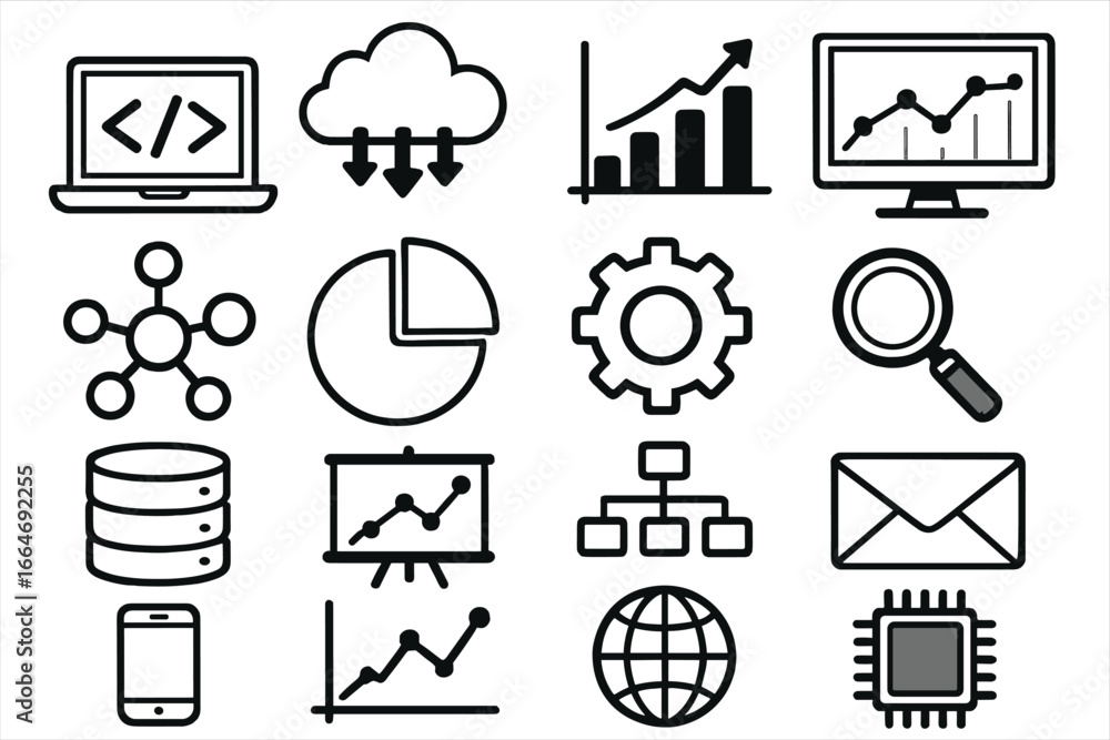 Poster technology and data analytics icon set. vector line symbols for business, big data, cloud computing,