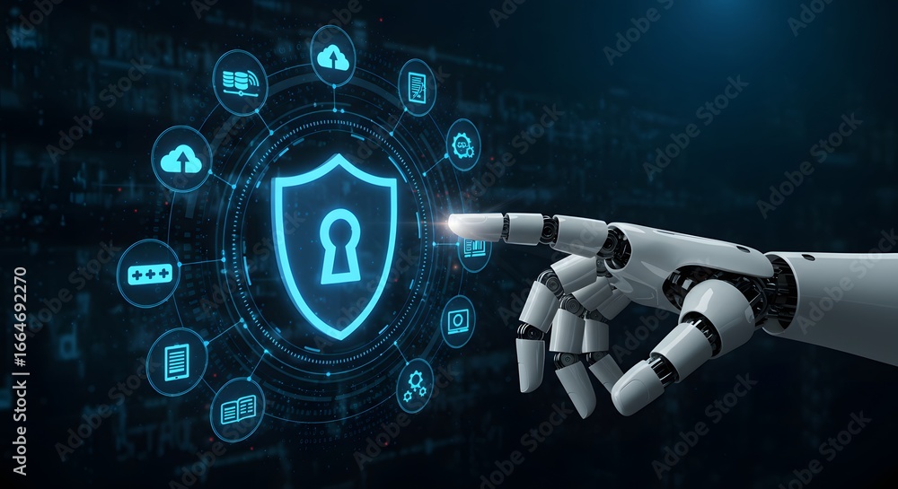 Poster a robotic hand touches a digital shield with a keyhole, representing cybersecurity, data protection,