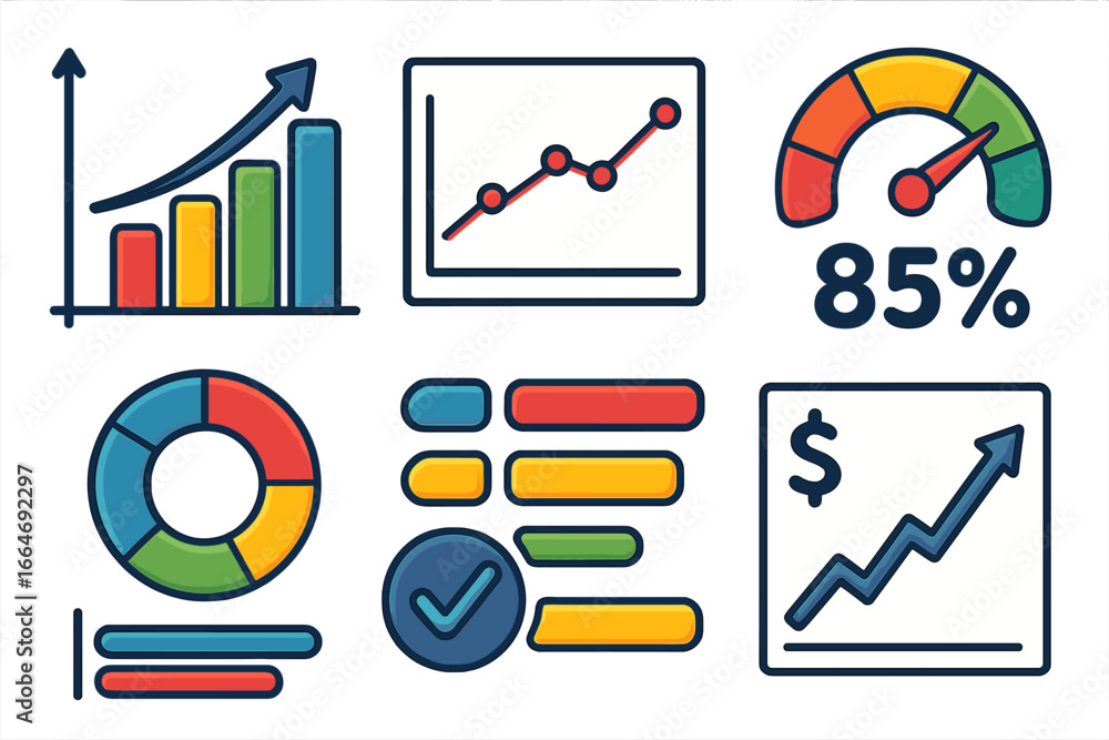 Poster colorful data visualization elements. vector icons for analytical reports. bar chart, pie chart, lin