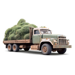 An old green vintage truck loaded with a large pile of hay, ready for transport.