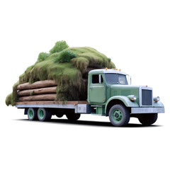 Green flatbed truck carrying a heavy load of logs and moss.