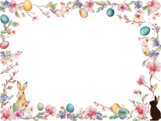 Watercolor easter bunny and floral border with eggs isolated on transparent background