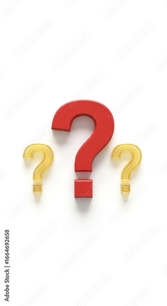 Poster red and yellow question marks on white background, symbolizing inquiry, uncertainty, or problem-solv