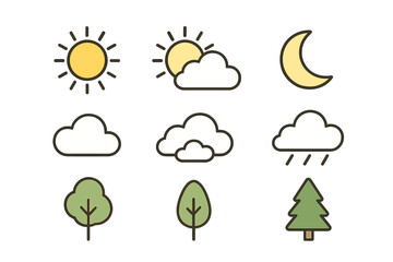Weather forecast icon set with sun, moon, clouds, rain. Nature symbols collection with trees, pine. Minimalist flat outline design for web or app. Vector cartoon graphic.
