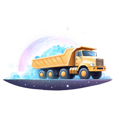 Whimsical illustration of a yellow dump truck carrying light blue material on a starry path with a pastel rainbow background.