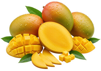 A pristine arrangement of glistening whole, halved, cubed, and fanned mangoes with fresh green leaves on a transparent studio background, top-down, soft light. Concept of abundant freshness and