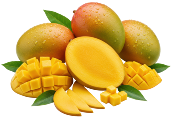 A pristine arrangement of glistening whole, halved, cubed, and fanned mangoes with fresh green leaves on a transparent studio background, top-down, soft light. Concept of abundant freshness and