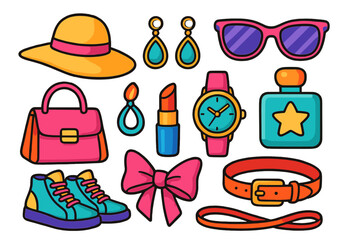 Colorful cartoon fashion accessories icon set. Vector illustration of woman's items: handbag, lipstick, sunglasses, watch, perfume. Stylish beauty and shopping elements.