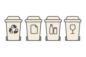 Waste sorting and recycling bin vector icons set. Trash containers for glass, paper, plastic. Garbage separation management concept. Eco friendly, environmental care symbols.
