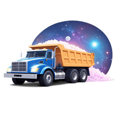 A blue dump truck with an orange bed is transporting a cloud of pink dust against a starry night sky.