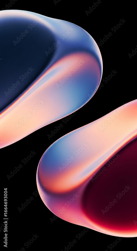Poster abstract image of two fluid, iridescent shapes on black background, showcasing smooth texture and vi