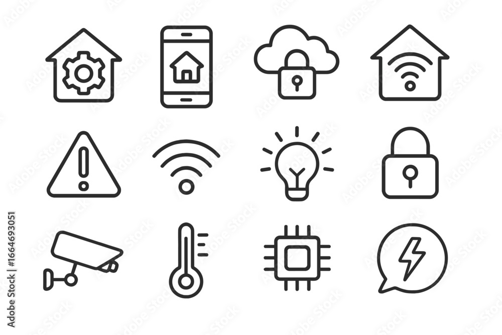 Poster smart home and iot line icon set. vector symbols for home automation, mobile app control, cloud secu