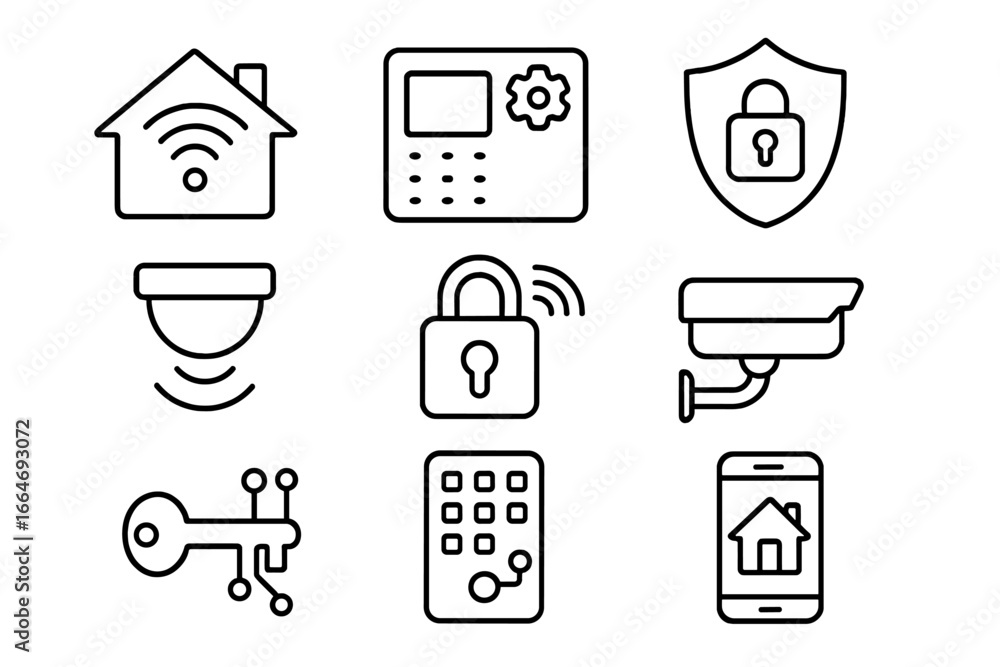 Poster smart home security system line icon set. home automation, protection, and monitoring technology. ve
