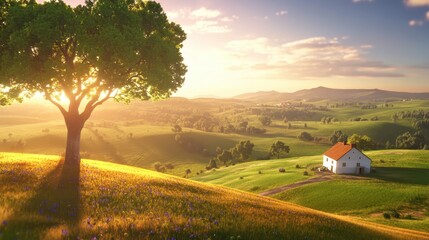 Fototapeta premium Serene Landscape with Lush Green Hills, Majestic Tree, and Quaint House at Sunrise in a Rural Setting