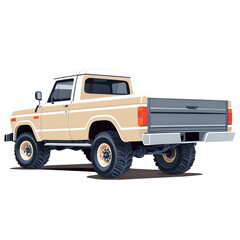 A classic beige and white vintage 4x4 pickup truck shown from the rear three-quarter view, isolated on a white background.