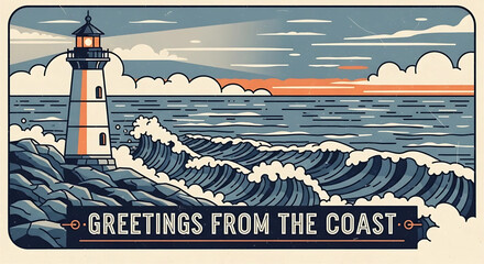 Vintage coastal lighthouse scene evokes tranquility and nautical charm with stylized waves and cloudy skies in muted blues, oranges, and creams creating a retro-inspired aesthetic