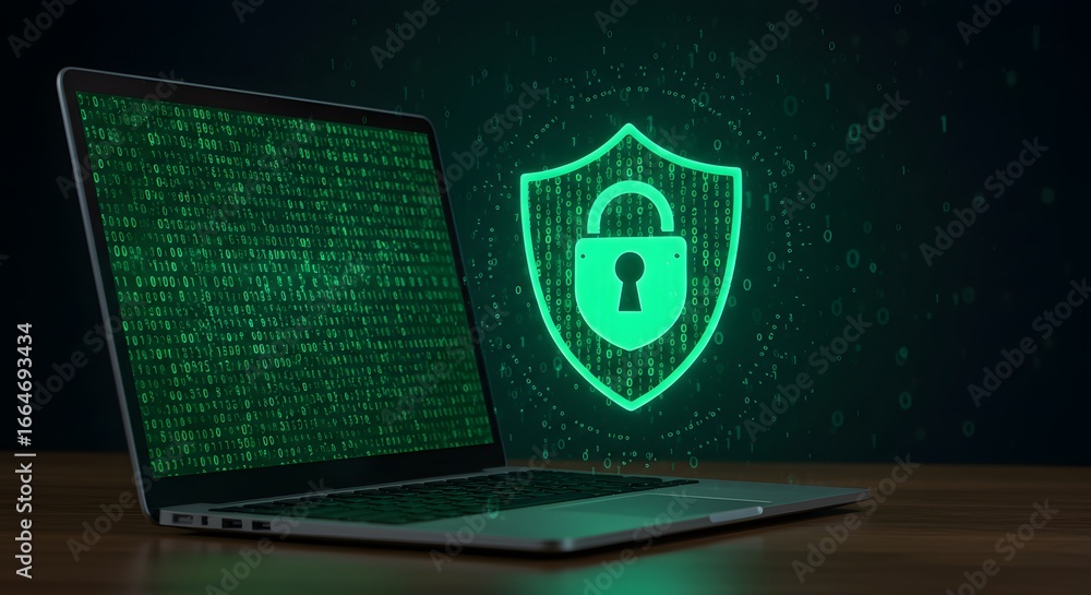 Poster a laptop displaying a digital shield with a padlock, symbolizing cybersecurity and data protection a