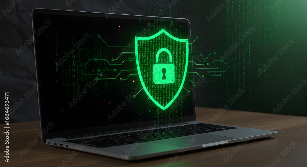 Poster laptop displaying a glowing green shield with a padlock, symbolizing cybersecurity and data protecti