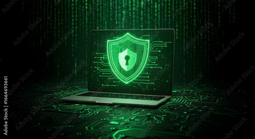Poster a laptop displaying a glowing green shield with a keyhole, symbolizing cybersecurity and data protec