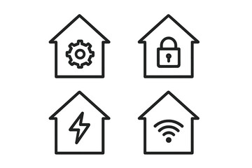 Smart Home Outline Icon Set, Automation, Security, Energy, Connectivity Vector Icons, Minimalist Cartoon Style, Transparent Background, Tech Control Symbols