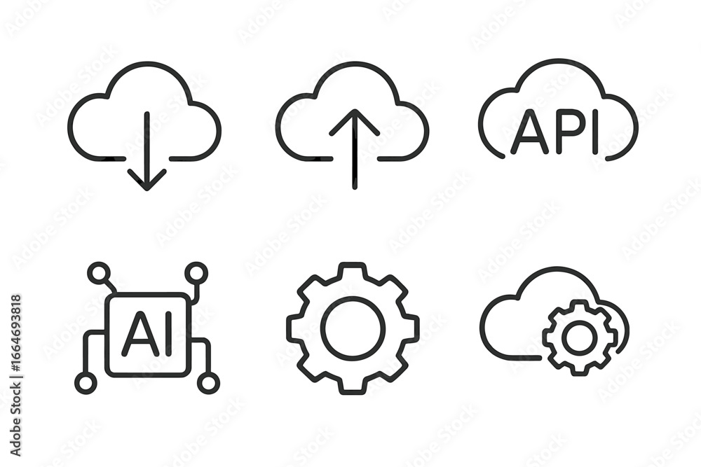 Poster tech and cloud computing line icon set. vector symbols for download, upload, api, ai, and settings. 