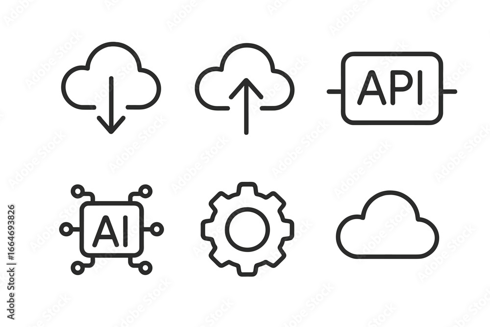 Poster technology and cloud computing line icon set. simple outline icons for download, upload, api, ai art
