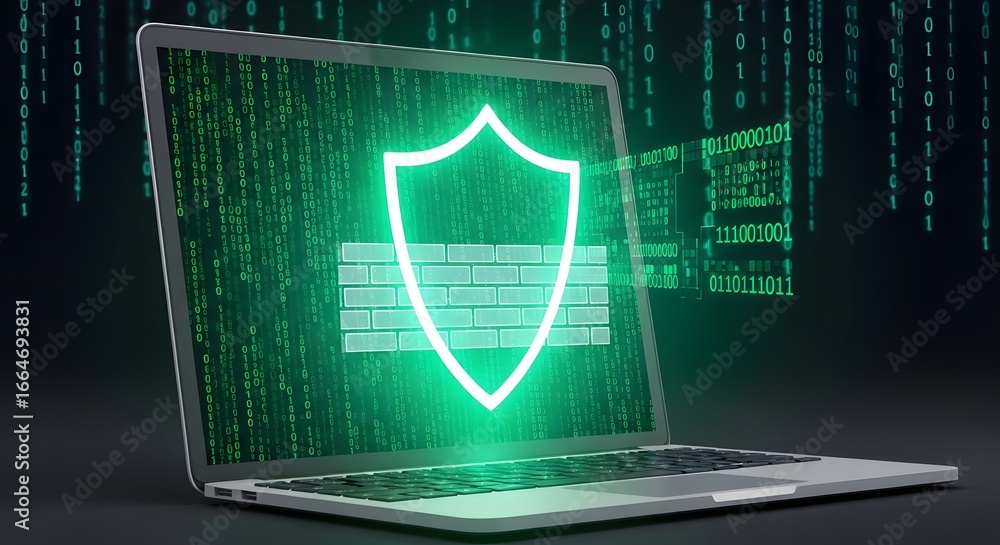 Aufkleber laptop displaying a glowing shield and firewall, symbolizing cybersecurity and data protection again