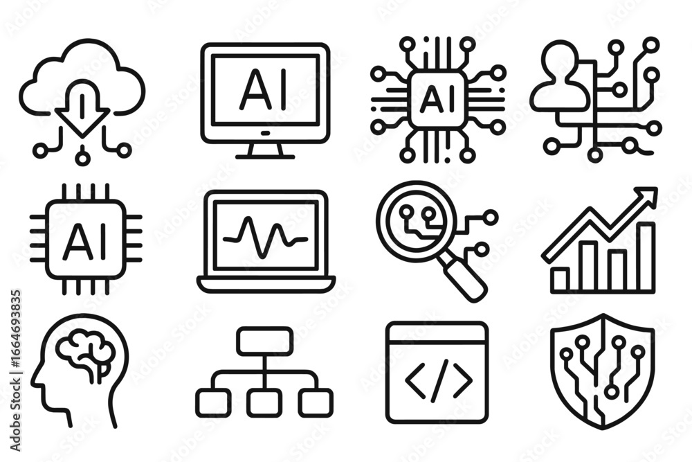 Poster technology ai and data line icon set. cloud computing, machine learning, and analytics icons. artifi
