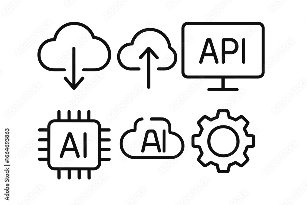 Poster technology line icon set. cloud computing, download, upload data storage. api integration, ai, artif