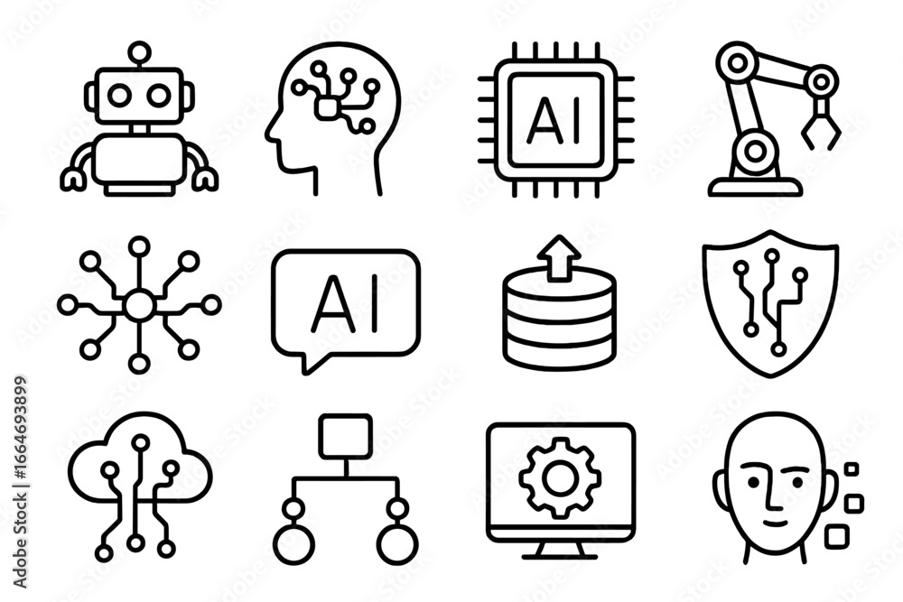Poster ai technology outline icon set. artificial intelligence, robotics, machine learning, neural network,