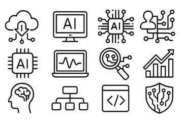 Technology AI and data line icon set. Cloud computing, machine learning, and analytics icons. Artificial intelligence, big data, network, cybersecurity vector collection.