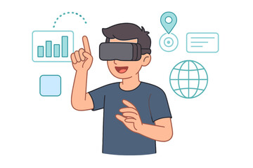 Man in VR headset explores augmented reality. Future technology, metaverse concept. Person interacting with virtual interface, data chart, globe icon. Digital world simulation.