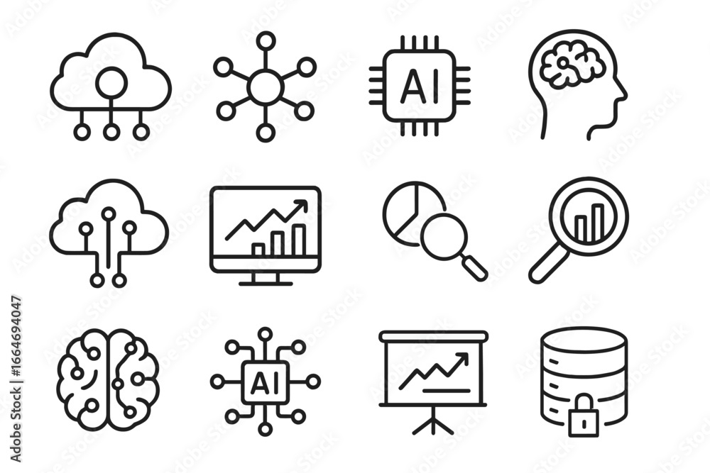Aufkleber technology ai and data line icon set, cloud computing and analytics icons collection, vector cartoon
