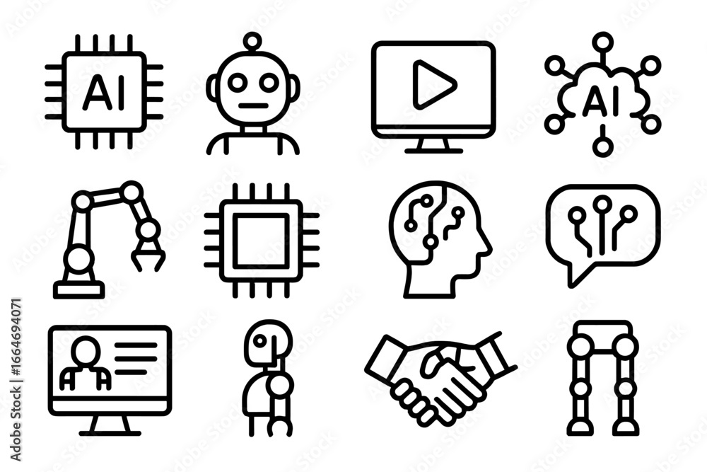 Poster technology ai and robotics line icon set, digital innovation and artificial intelligence vector coll