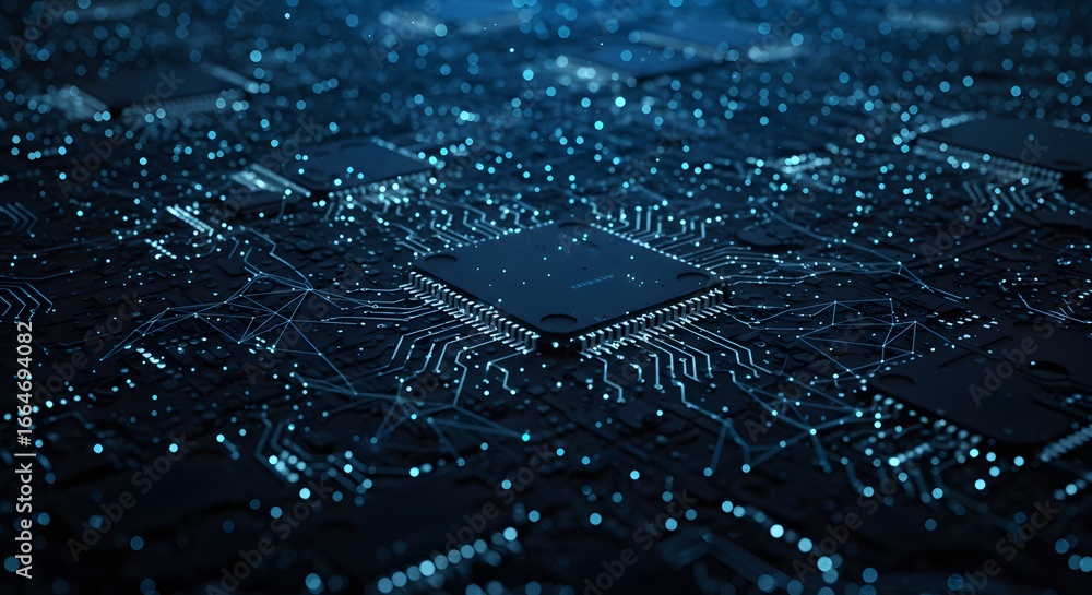 Aufkleber closeup of a modern computer chip with intricate circuit patterns, representing advanced technology,