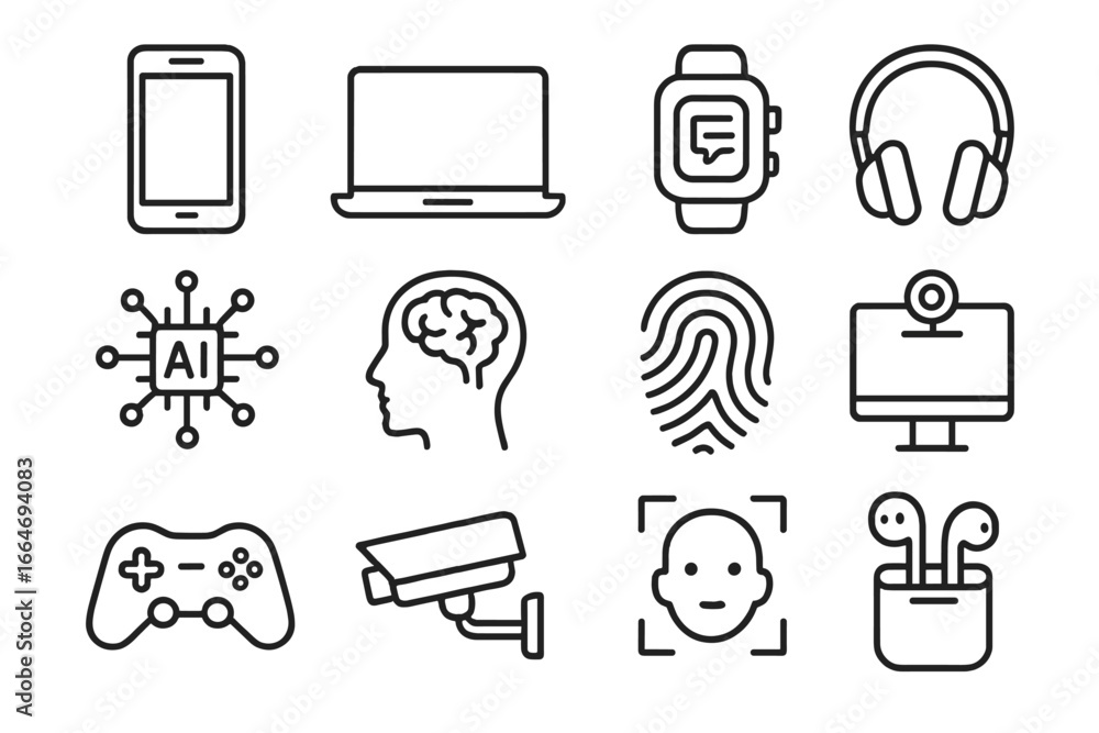 Poster technology line icon set. gadgets, ai, and biometrics outline symbols. collection of linear pictogra
