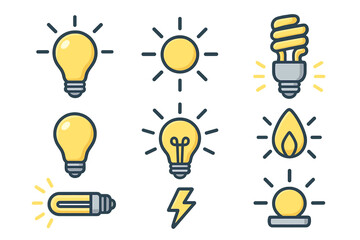 Light bulb and energy vector icon set. Line icons of lamps, sun, fire, lightning. Symbols for idea, innovation, solution, power, electricity. Fluorescent, CFL bulb.