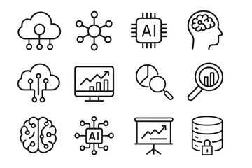 Technology AI and Data Line Icon Set, Cloud Computing and Analytics Icons Collection, Vector Cartoon Illustration with Transparent Background, Ordered Set of 12 Icons for Digital and Tech Concepts