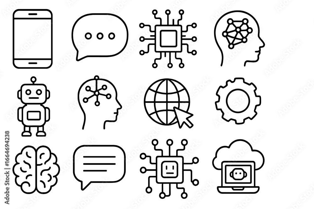 Poster technology and ai line icon set, communication and neural network icons outline collection, vector c