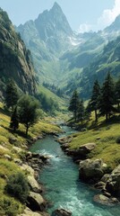 Obraz premium Serene mountain valley with a clear stream flowing through lush greenery under a blue sky at midday
