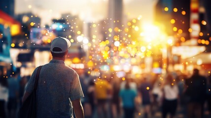Person Standing in Urban Street at Dusk with Bokeh Lights and Colorful Cityscape in Background
