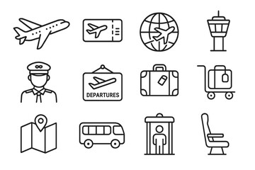 Travel and Aviation Outline Icon Set with Flight, Plane, Airport, Pilot, Luggage, Departure, Security, Bus, Map, and Airplane Seat Line Art Vector Cartoon Illustration Transparent Background