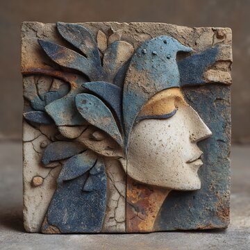 decorative ceramic tile relief sculpture face leaves blue terracotta wall art