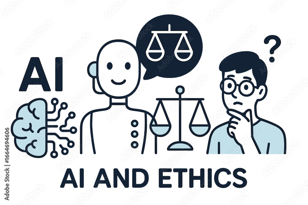 Poster ai and ethics concept. artificial intelligence, robot and human moral dilemma. law, justice and tech
