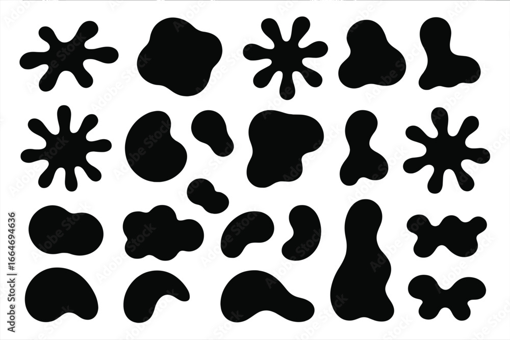 Poster a collection of various abstract shapes, black liquid blobs, and organic forms. minimalist ink splas
